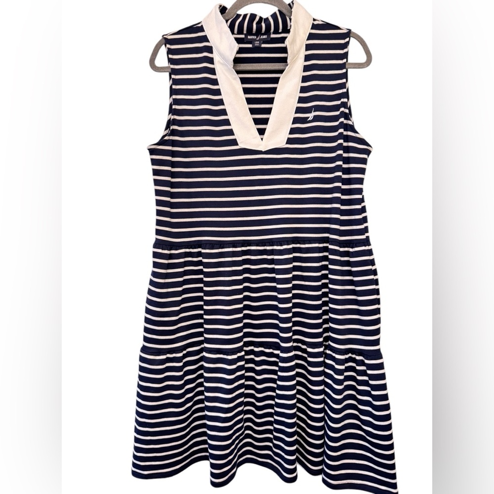 Nautica Navy and White Striped Sleeveless Dress